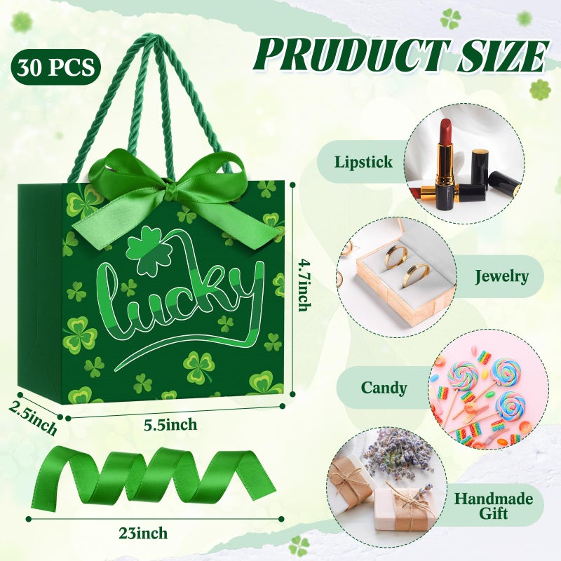 Moinchore 30 Pcs St Patrick's Day Gift Bags Bulk with Handles Bow Ribbon Wrap 5.5 x 4.7 x 2.5 in Green Shamrock Goodie Bags Irish Holiday Party Favors Supplies for Candy Snacks - Image 2