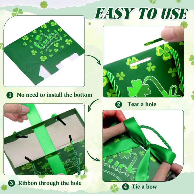Moinchore 30 Pcs St Patrick's Day Gift Bags Bulk with Handles Bow Ribbon Wrap 5.5 x 4.7 x 2.5 in Green Shamrock Goodie Bags Irish Holiday Party Favors Supplies for Candy Snacks - Image 5
