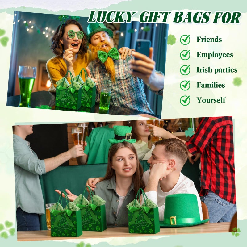 Moinchore 30 Pcs St Patrick's Day Gift Bags Bulk with Handles Bow Ribbon Wrap 5.5 x 4.7 x 2.5 in Green Shamrock Goodie Bags Irish Holiday Party Favors Supplies for Candy Snacks - Image 4