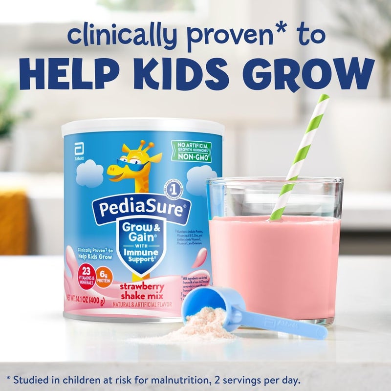Pediasure بودرة مشروب بيديا شور جرو آند غين مع دعم المناعة، 23 فيتامين ومعادن، 6 جرام بروتين، غير معدلة وراثيًا، خالية من الجلوتين، بنكهة الفراولة، علبة 14.1 أونصة، عبوة من 3-24 حصة - Image 3