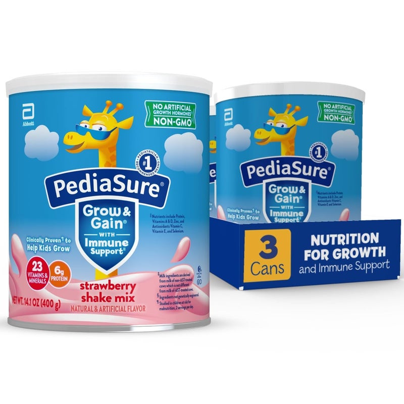 Pediasure بودرة مشروب بيديا شور جرو آند غين مع دعم المناعة، 23 فيتامين ومعادن، 6 جرام بروتين، غير معدلة وراثيًا، خالية من الجلوتين، بنكهة الفراولة، علبة 14.1 أونصة، عبوة من 3-24 حصة - Image 1