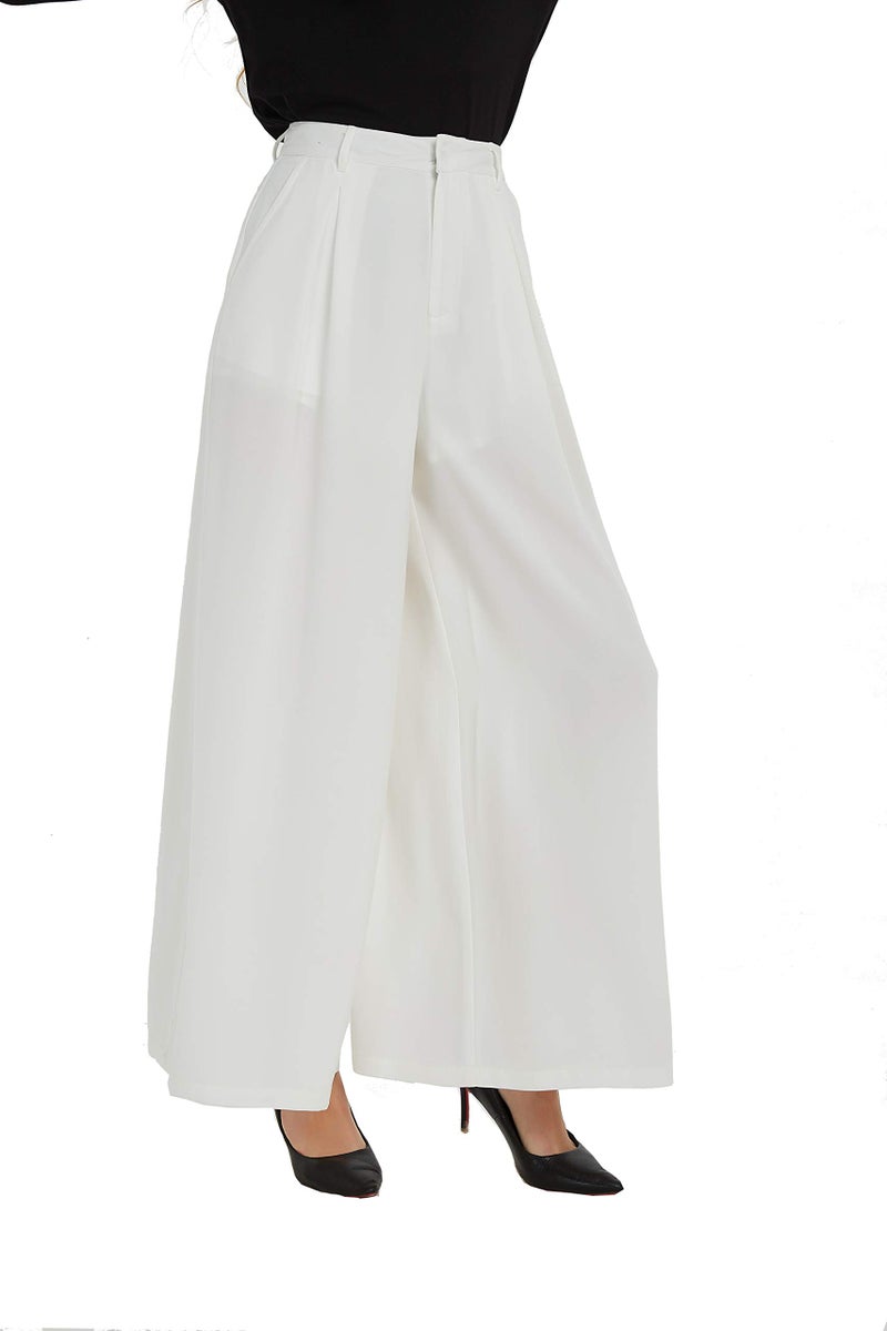 Tronjori Women High Waist Casual Wide Leg Long Palazzo Pants Trousers Regular SizeSIvory White