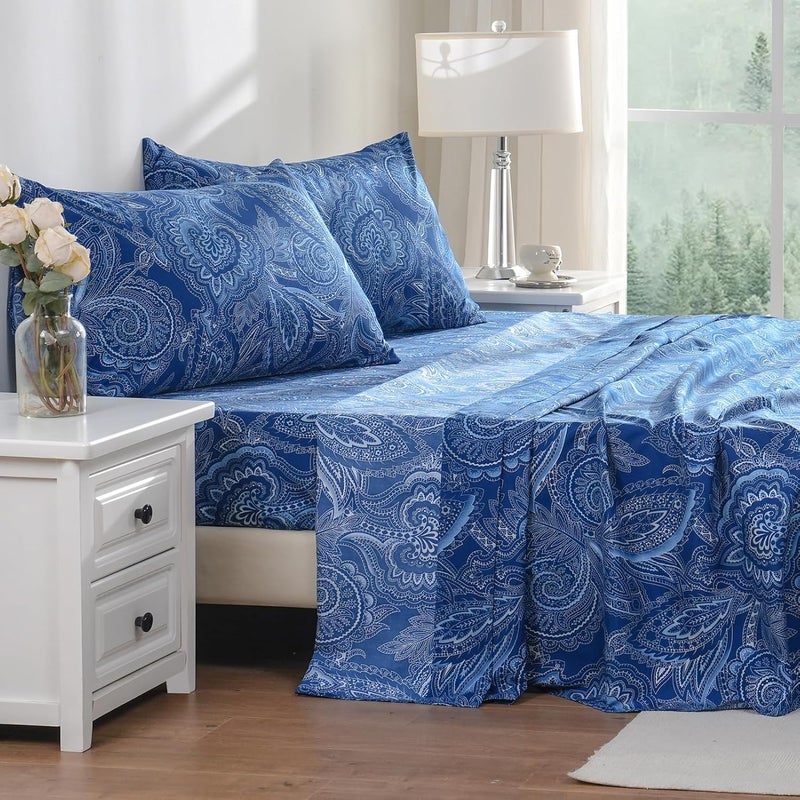 Bedlifes King Sheet Sets Ultra Soft Breathable Silky Bed Sheets Deep Pocket 100% Microfiber Bedding Sheets 4 Piece King Size Paisley Dark Navy Blue - Image 4
