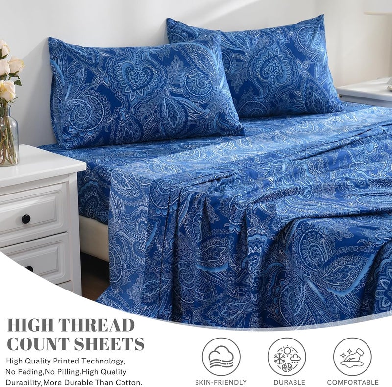 Bedlifes King Sheet Sets Ultra Soft Breathable Silky Bed Sheets Deep Pocket 100% Microfiber Bedding Sheets 4 Piece King Size Paisley Dark Navy Blue - Image 3