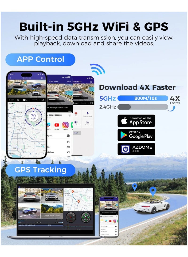 AZDOME M660 4 Channel Dash Cam 2K+1K+1K+1K Car GPS 5G Wifi Built-in 128GB eMMC Voice Control 24H Parking Monitor Super Night Vision - Image 3