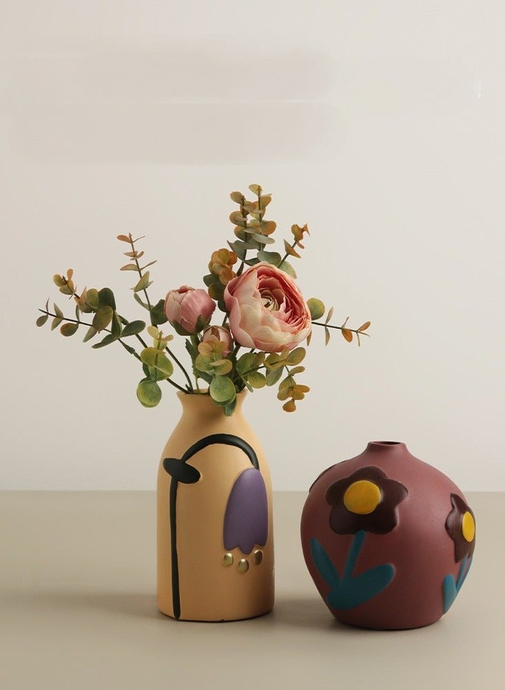 general Creative Home Decor Set Of 2 Pcs Painted Ceramic Vases With Morandi Color For Living Room With Simulated Flower Set - Image 1
