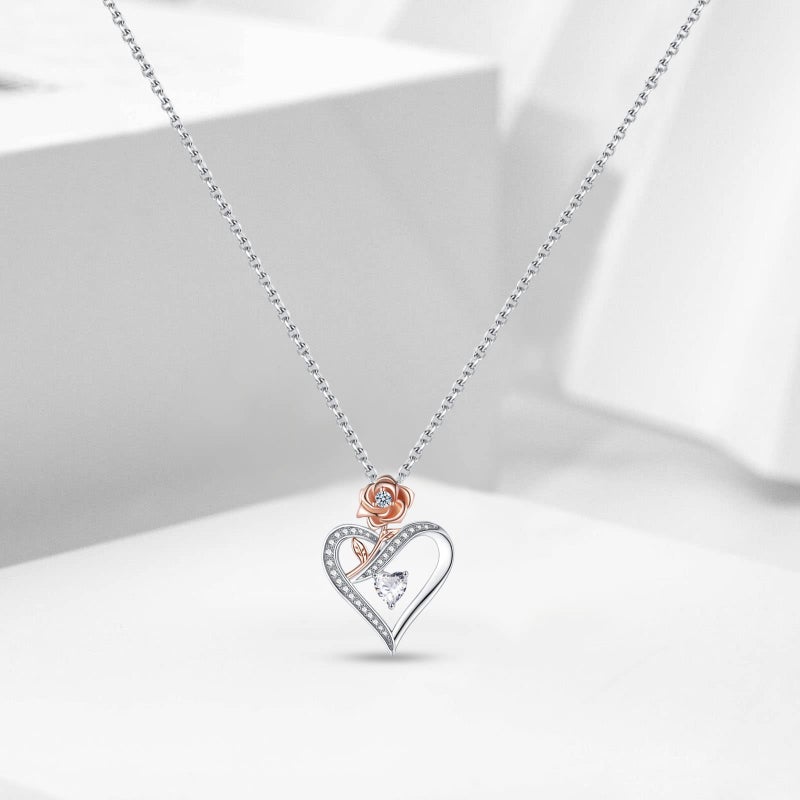 DESIMTION Heart Necklace for Women, Sterling Silver Cubic Zirconia Necklace with Rose, Love Jewelry Gift for Wife, Girlfriend, Mom on Christmas, Valentine's Day, Birthday, Anniversary - Image 4