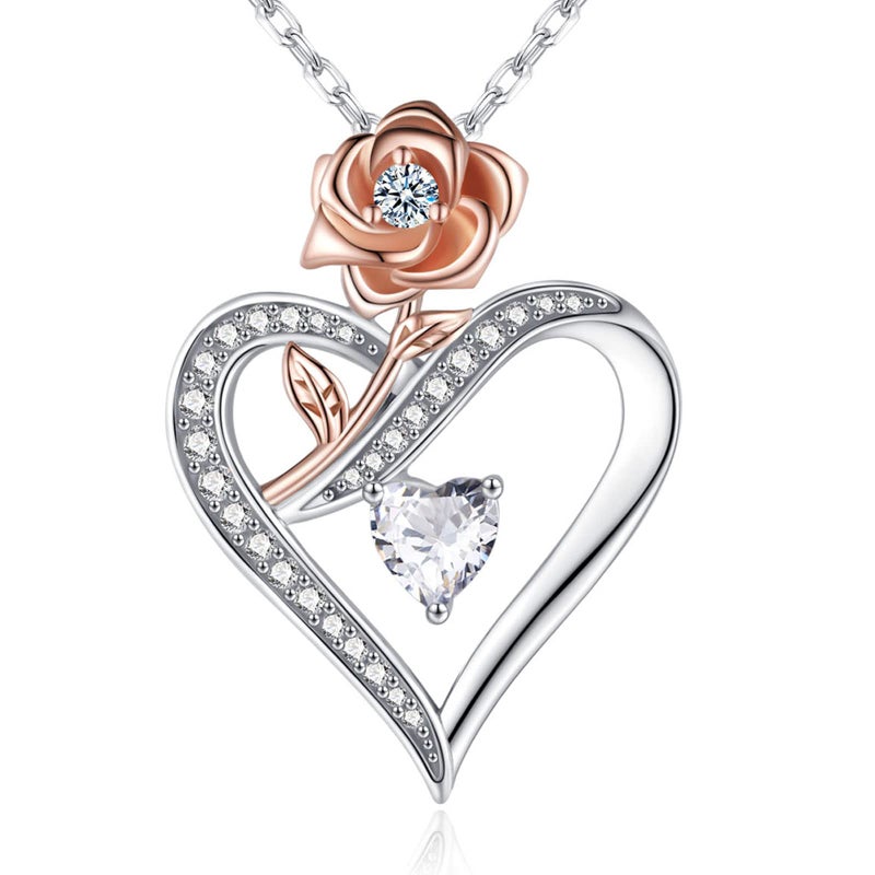 DESIMTION Heart Necklace for Women, Sterling Silver Cubic Zirconia Necklace with Rose, Love Jewelry Gift for Wife, Girlfriend, Mom on Christmas, Valentine's Day, Birthday, Anniversary - Image 1