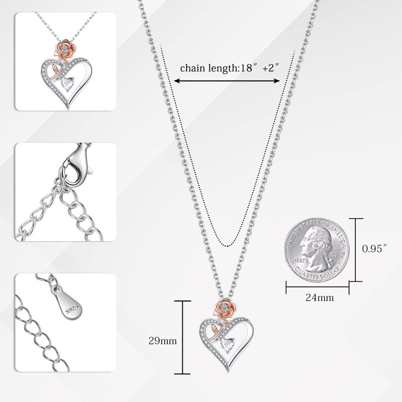 DESIMTION Heart Necklace for Women, Sterling Silver Cubic Zirconia Necklace with Rose, Love Jewelry Gift for Wife, Girlfriend, Mom on Christmas, Valentine's Day, Birthday, Anniversary - Image 5