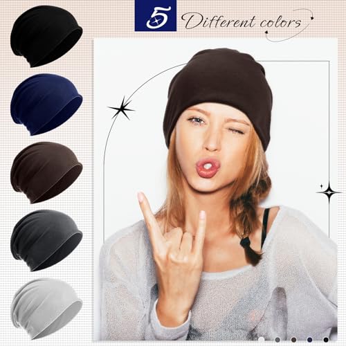 Syhood 5 Pcs Unisex Slouchy Beanie Hats for Men Women Summer Chemo Headwear Lightweight Baggy Dwarf Soft Chemo Sleep CapsClassic Colors - Image 3