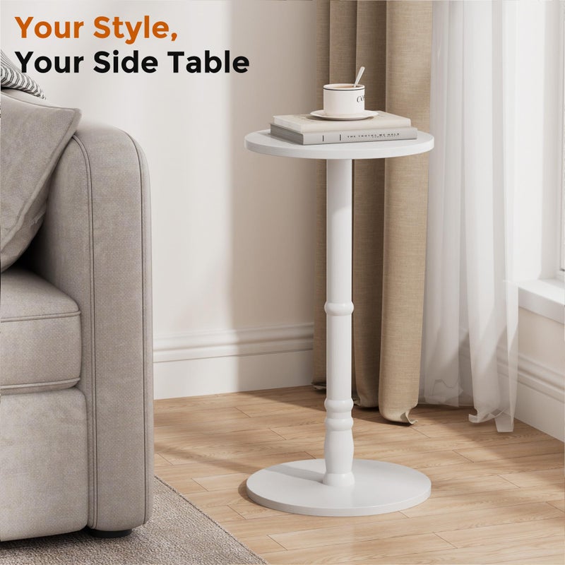 Homleke Round Side Table, Solid Wood Pillar with Wood Top & Base, Small Drink Accent Table for Living Room, Bedroom, Sofa & Office, Easy Assembly, White - Image 2