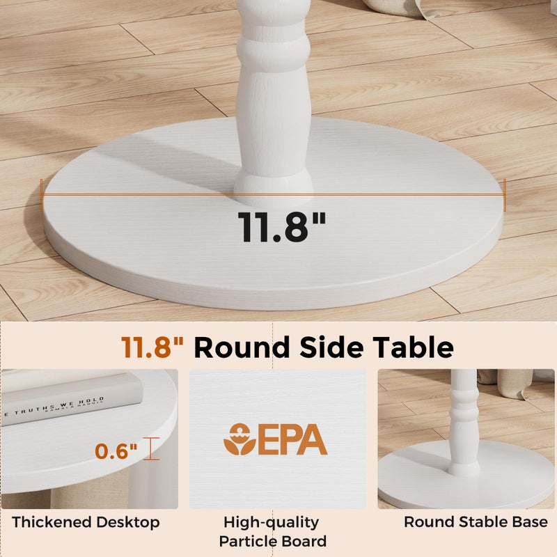 Homleke Round Side Table, Solid Wood Pillar with Wood Top & Base, Small Drink Accent Table for Living Room, Bedroom, Sofa & Office, Easy Assembly, White - Image 5