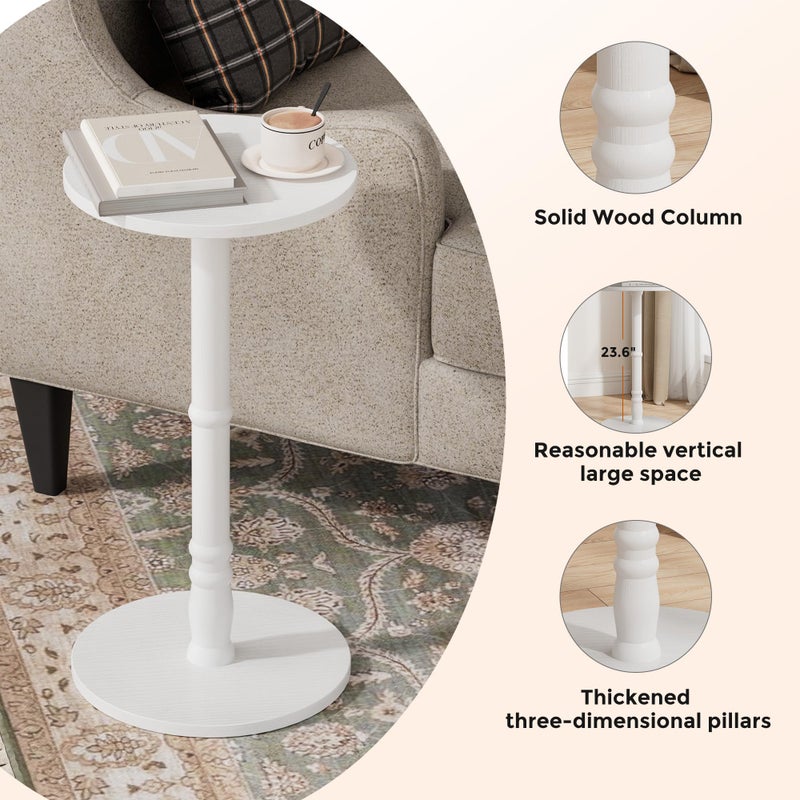 Homleke Round Side Table, Solid Wood Pillar with Wood Top & Base, Small Drink Accent Table for Living Room, Bedroom, Sofa & Office, Easy Assembly, White - Image 4