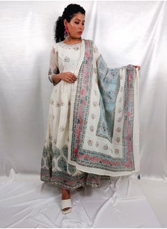 PRIYA’S PANACHE PRIYA'S PANACHE Cotton White Printed Flared Kurta Dupatta Set -Designer Festival Traditional Ethnic Indian Partywear For Women  - Image 3