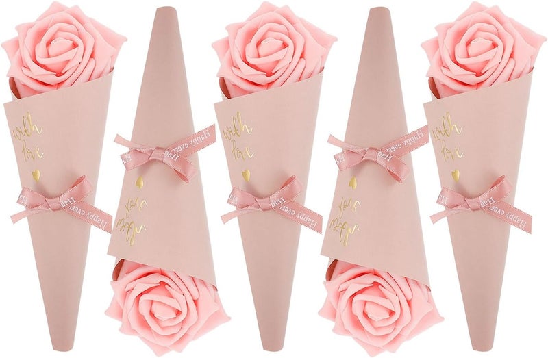TIDTALEO Wedding Candy Bags 5pcs Pink Flower Cone Candy Pouches with Ribbon Bow, DIY Party Sweet Cone Storage Bags for Wedding Favors and Event Treats - Image 1