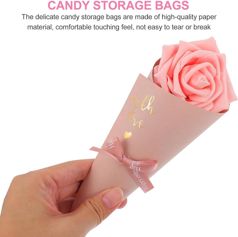 TIDTALEO Wedding Candy Bags 5pcs Pink Flower Cone Candy Pouches with Ribbon Bow, DIY Party Sweet Cone Storage Bags for Wedding Favors and Event Treats - Image 2