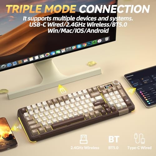 SOLAKAKA A99 Pro Mechanical Keyboard with LCD Screen & Metal Knob, Wireless Gaming Keyboard with BT5.0/2.4GHz/USB-C, Hot Swappable Creamy Keyboard, Gasket Structure, RGB Backlit, for Win/Mac - Image 3