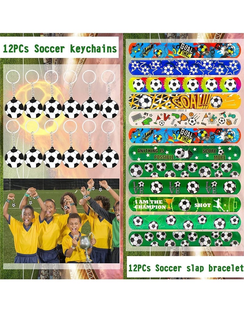 SYOSI 158Pcs Soccer Party Favors with Soccer Party Bags Soccer Whistle Mini Foam Soccer Ball Puzzle Maze Soccer Hair Ties Slap Bracelets Keychains Sticker Tattoo Eraser Goodie Bag Soccer Party Decorations - Image 2