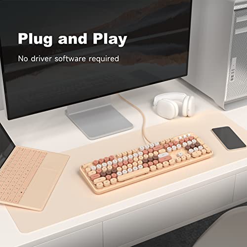 MOWUX Computer Keyboard Wired, Plug Play USB Retro Round Typewriter Keyboard, Full Size Wired Keyboard with Foldable Stands for Laptop and Office PC- Milk Tea Colorful - Image 3
