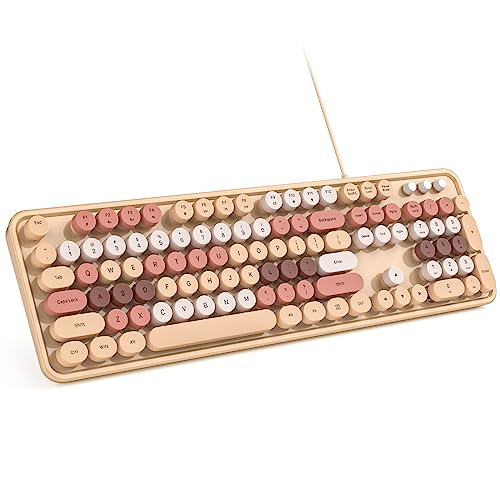MOWUX Computer Keyboard Wired, Plug Play USB Retro Round Typewriter Keyboard, Full Size Wired Keyboard with Foldable Stands for Laptop and Office PC- Milk Tea Colorful - Image 1