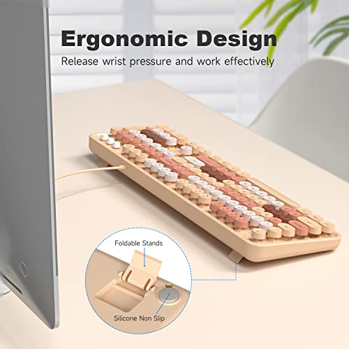 MOWUX Computer Keyboard Wired, Plug Play USB Retro Round Typewriter Keyboard, Full Size Wired Keyboard with Foldable Stands for Laptop and Office PC- Milk Tea Colorful - Image 5