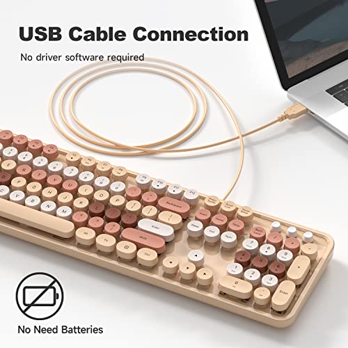 MOWUX Computer Keyboard Wired, Plug Play USB Retro Round Typewriter Keyboard, Full Size Wired Keyboard with Foldable Stands for Laptop and Office PC- Milk Tea Colorful - Image 2