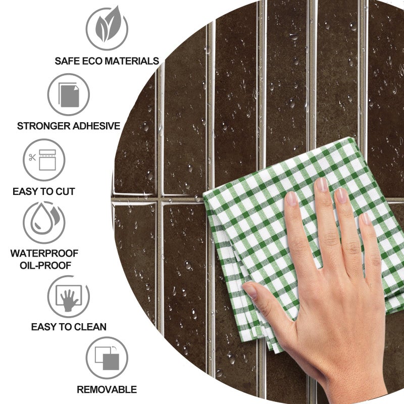 Alwayspon 10 Sheets 12inch/30.5cm 3D Vinyl Backsplash Tiles, Self-Adhesive Peel and Stick Wall Tile Stickers Stick on Subway Tiles for Kitchen Bathroom Wall, Dark Brown - Image 4