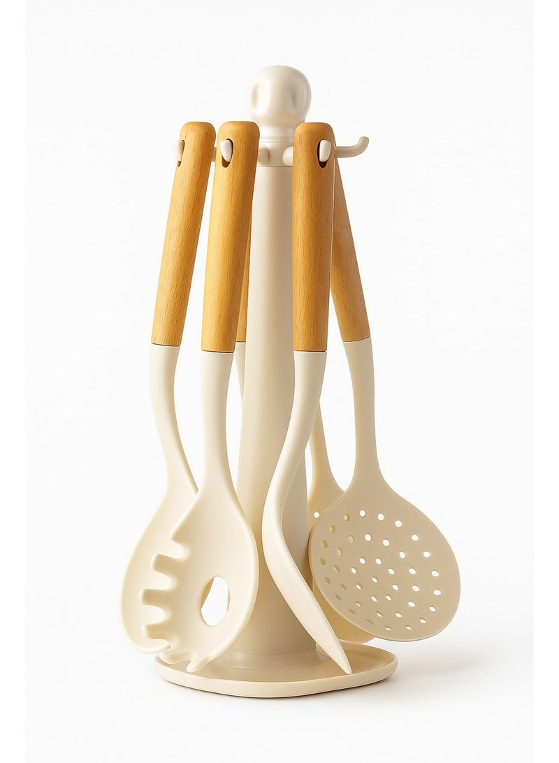 ايرس مجموعة أدوات مطبخ من السيليكون مكونة من 6 قطع بمقابض خشبية وحامل - مقاومة للحرارة والخدش، غير سامة، وسهلة التنظيف، مناسبة لأواني الطهي غير اللاصقة - Image 1