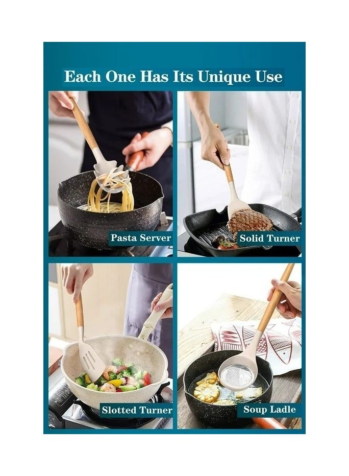 ايرس مجموعة أدوات مطبخ من السيليكون مكونة من 6 قطع بمقابض خشبية وحامل - مقاومة للحرارة والخدش، غير سامة، وسهلة التنظيف، مناسبة لأواني الطهي غير اللاصقة - Image 3