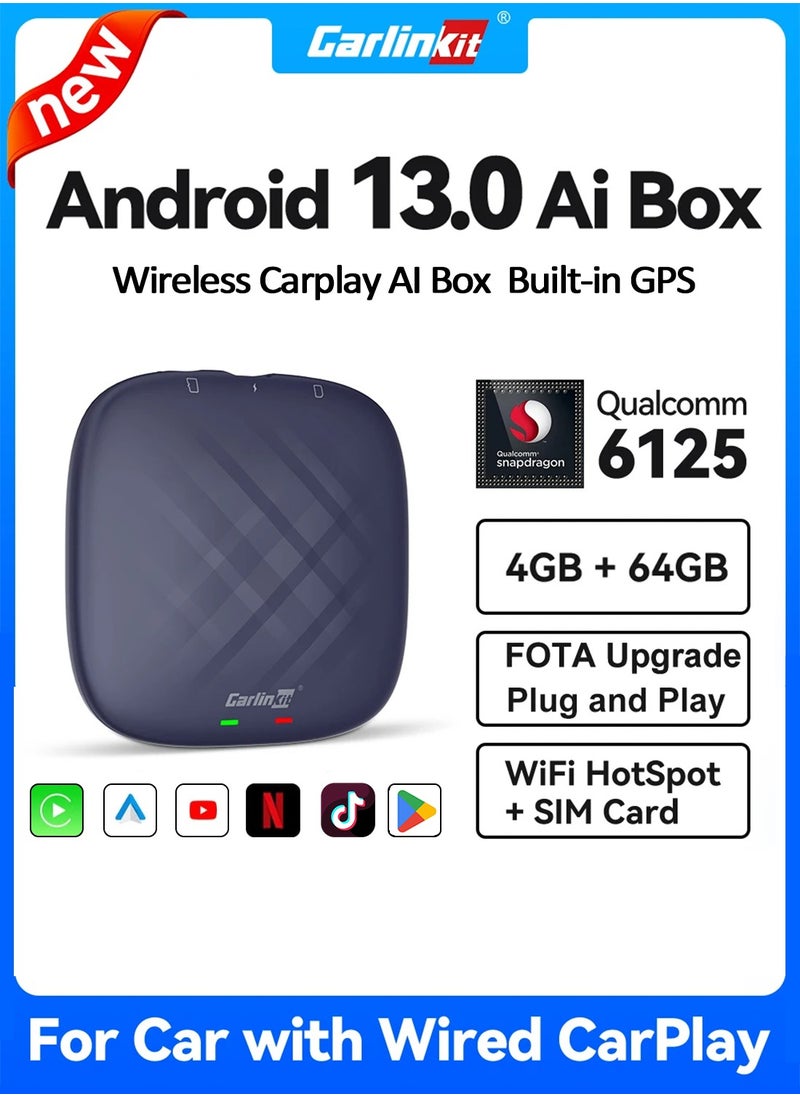 Carlinkit - CarlinKit 2024 NEW CarPlay Ai Box Qualcomm QCM6125 8-Core CPU Android 13 Wireless Carplay Android auto GPS For Wired CarPlay Car - Image 1