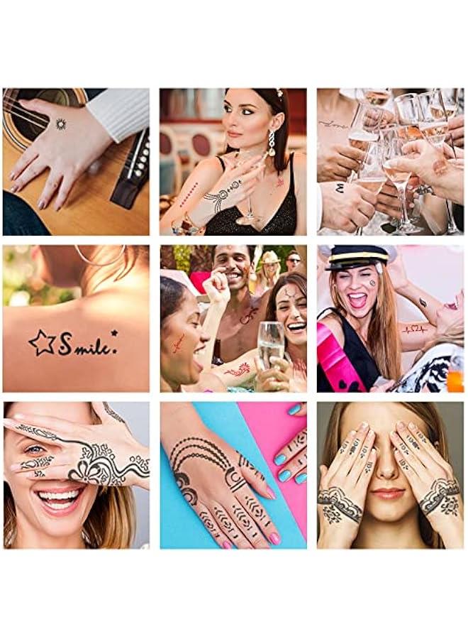 مجموعة قوالب حنة مؤقتة مكونة من 18 ورقة، 97 قطعة من قوالب الهواء اللامعة المؤقتة للنساء والفتيات تصميم زهور عربية ووجوه واقعية للوجه والجسم، ملصقات حناء مؤقتة. - Image 3