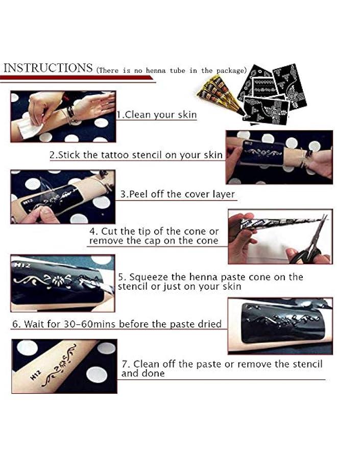 مجموعة قوالب حنة مؤقتة مكونة من 18 ورقة، 97 قطعة من قوالب الهواء اللامعة المؤقتة للنساء والفتيات تصميم زهور عربية ووجوه واقعية للوجه والجسم، ملصقات حناء مؤقتة. - Image 5