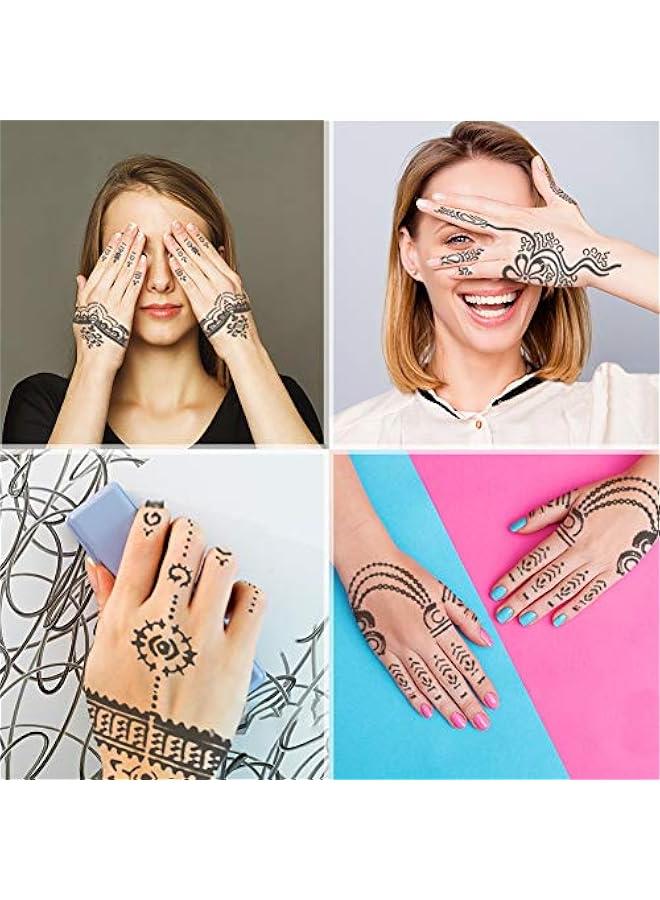 مجموعة قوالب حنة مؤقتة مكونة من 18 ورقة، 97 قطعة من قوالب الهواء اللامعة المؤقتة للنساء والفتيات تصميم زهور عربية ووجوه واقعية للوجه والجسم، ملصقات حناء مؤقتة. - Image 2