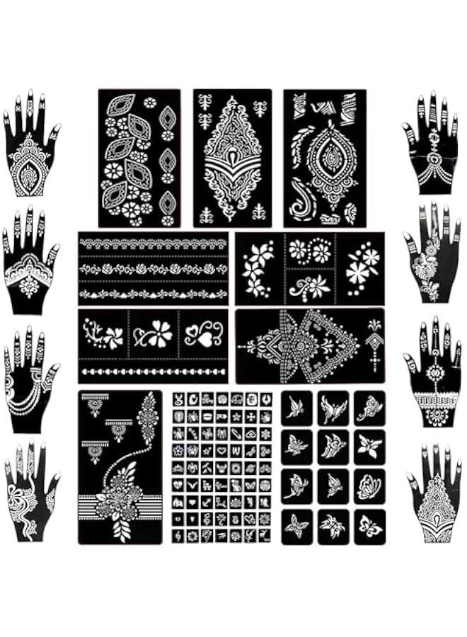 مجموعة قوالب حنة مؤقتة مكونة من 18 ورقة، 97 قطعة من قوالب الهواء اللامعة المؤقتة للنساء والفتيات تصميم زهور عربية ووجوه واقعية للوجه والجسم، ملصقات حناء مؤقتة. - Image 1