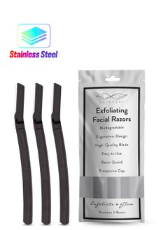 Exfoliating Facial Razors Dermaplaning Tool Removes Dead Surface Skin And Unwanted Facial Hair Swedish Stainless Steel Blade Biodegradable Black Handle And Cap 3 Razors