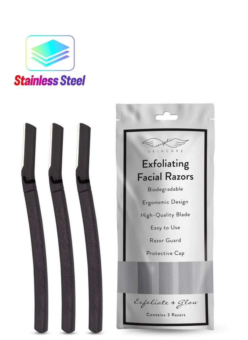Seraphic Skincare - Exfoliating Facial Razors Dermaplaning Tool Removes Dead Surface Skin And Unwanted Facial Hair Swedish Stainless Steel Blade Biodegradable Black Handle And Cap 3 Razors - Image 1