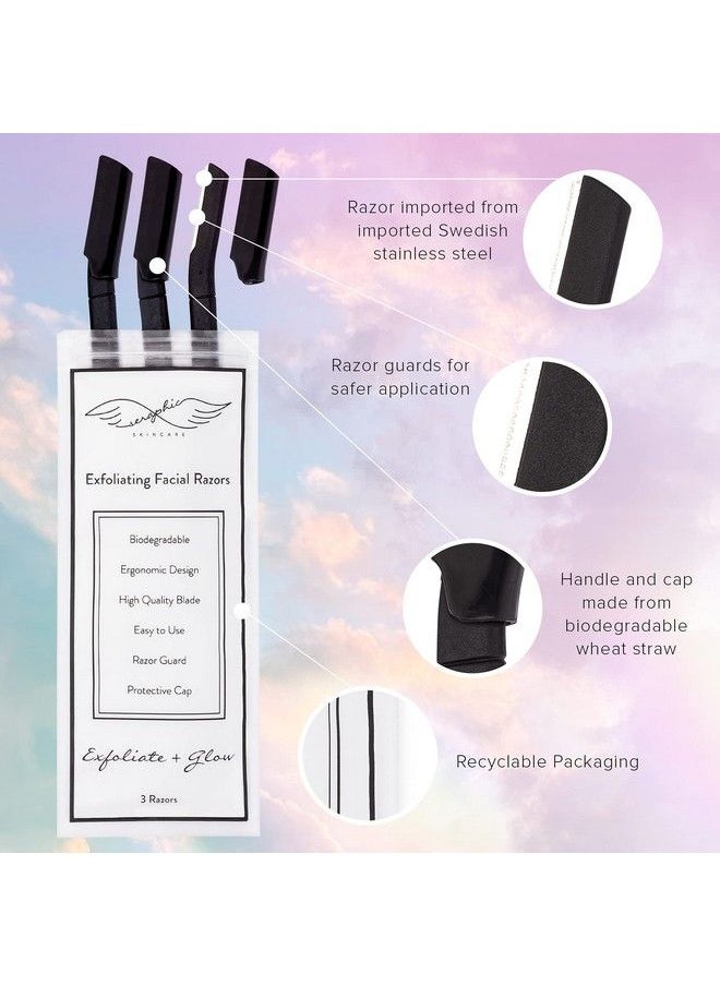 Seraphic Skincare - Exfoliating Facial Razors Dermaplaning Tool Removes Dead Surface Skin And Unwanted Facial Hair Swedish Stainless Steel Blade Biodegradable Black Handle And Cap 3 Razors - Image 1