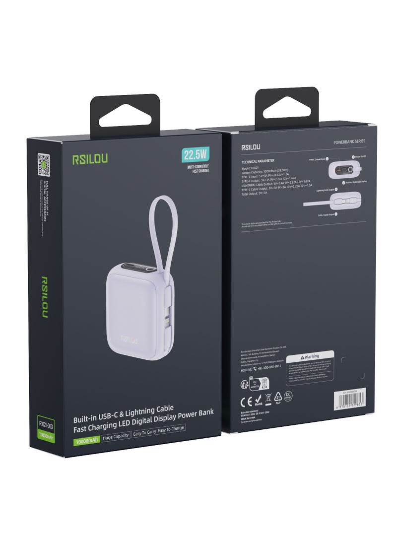 rsilou - rsilou 10000mAh Power Bank,PD, Built-in Type-C and Lightning Cables, 22.5W Fast Charging Per Port, 38.5 Total Max Output Power, Multi-Device Compatibility, Digital Display - Image 1