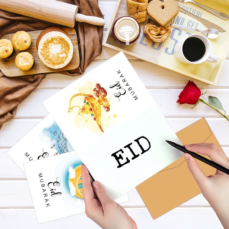 مجموعة من 12 بطاقة تهنئة لعيد الفطر مع أظرف، بطاقات مائية لرمضان، بطاقات هدايا فارغة للاحتفالات والأعياد وديكورات الحفلات - Image 3