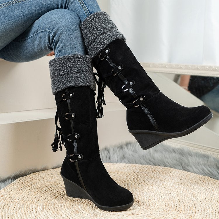2022 large size back lace tassel high boots lamb wool snow boots - Image 3