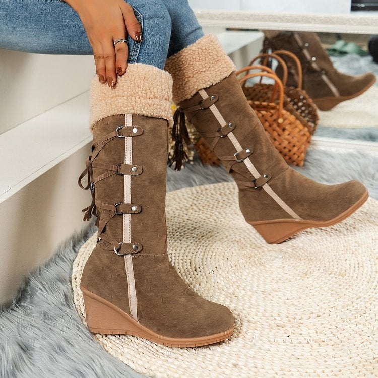 2022 large size back lace tassel high boots lamb wool snow boots - Image 1