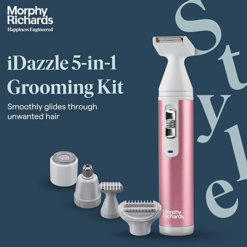 morphy richards طقم العناية 5 في 1 من iDazzle | ماكينة قص الشعر للوجه والجسم للنساء | قابلة لإعادة الشحن | آلة إزالة الشعر للنساء | وردي - Image 2
