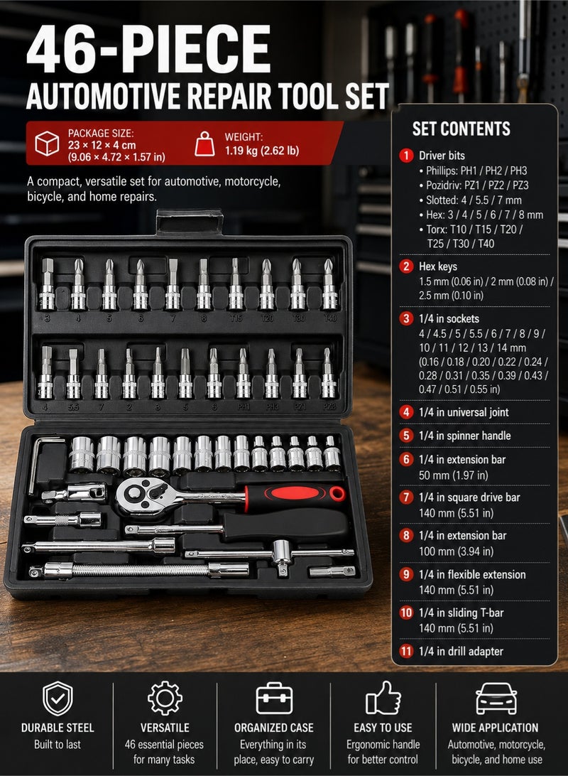 LOOPITYS 46 PCS Auto Repair Socket Wrench Kit, Professional 1/4‑Inch Drive Ratchet Spanner Set, Complete Hand Tool Kit with Sockets, Screwdriver Bits, Extension Bars, Hex Keys, Sturdy Storage Case, Ideal for Household Maintenance, Car, Motorcycle, Bike, Electric Vehicle Repair & DIY Projects - Image 1