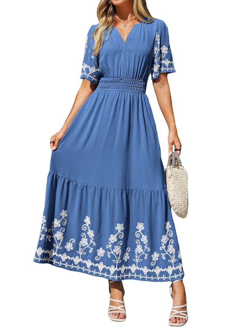 Simplee Women Summer Maxi Dress Formal Short Sleeve Embroidery Floral Boho Wedding Guest Tea Party V Neck Dresses 2026(Large,Blue) - Image 1