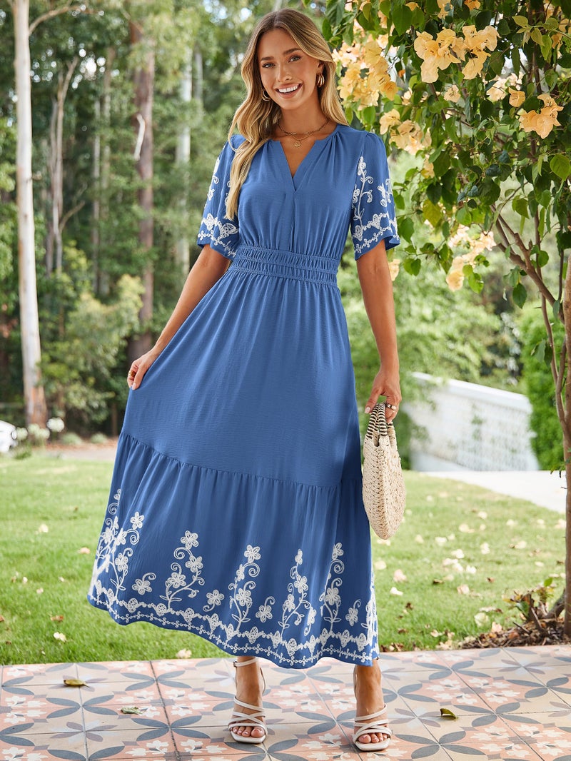 Simplee Women Summer Maxi Dress Formal Short Sleeve Embroidery Floral Boho Wedding Guest Tea Party V Neck Dresses 2026(Large,Blue) - Image 2