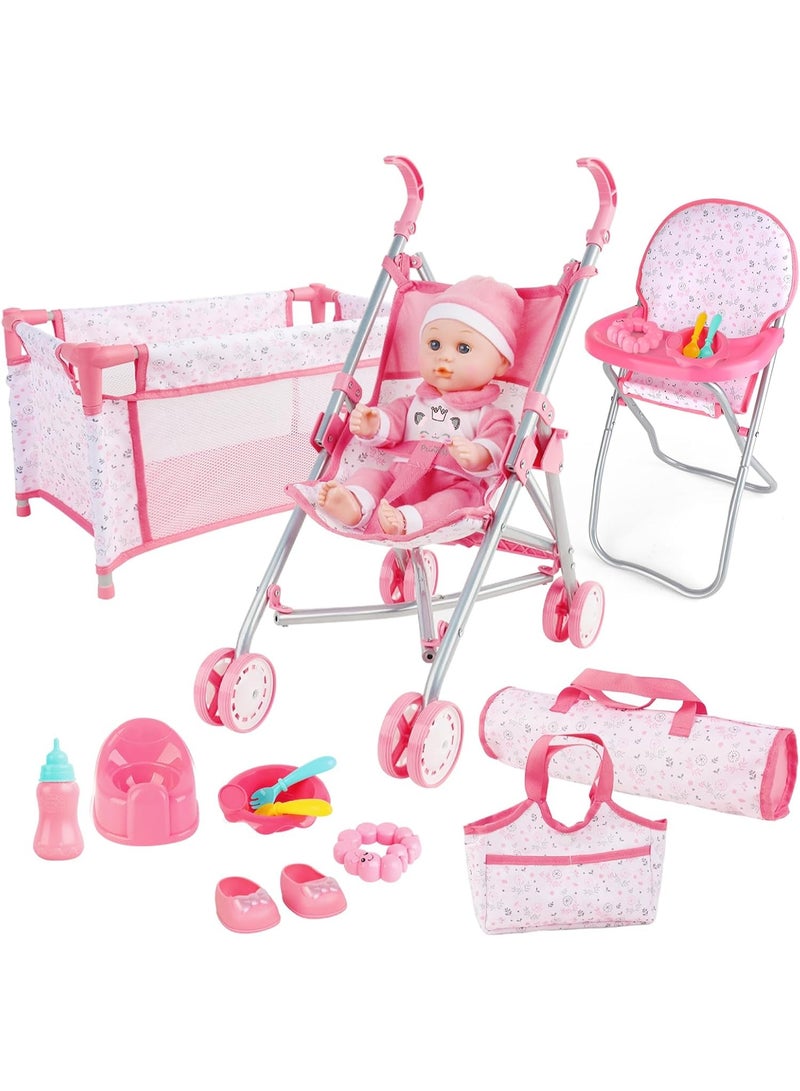 صندوق العاب دمية طفل مع عربة أطفال ومجموعة من الملحقات للأطفال فوق سن 3 سنوات - Image 1