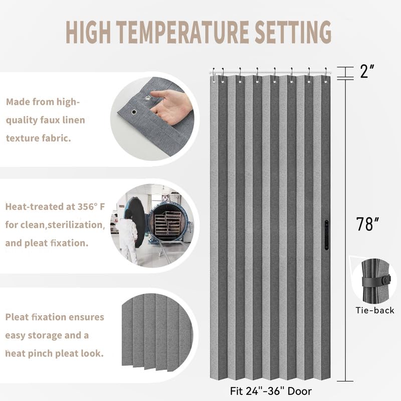 Vatge Closet Curtain for Open Closet  Pleated Folding Curtains for Doorway  Privacy Room Divider for Separation 1 Panel with Tieback  W39 x L78  Grey - Image 2