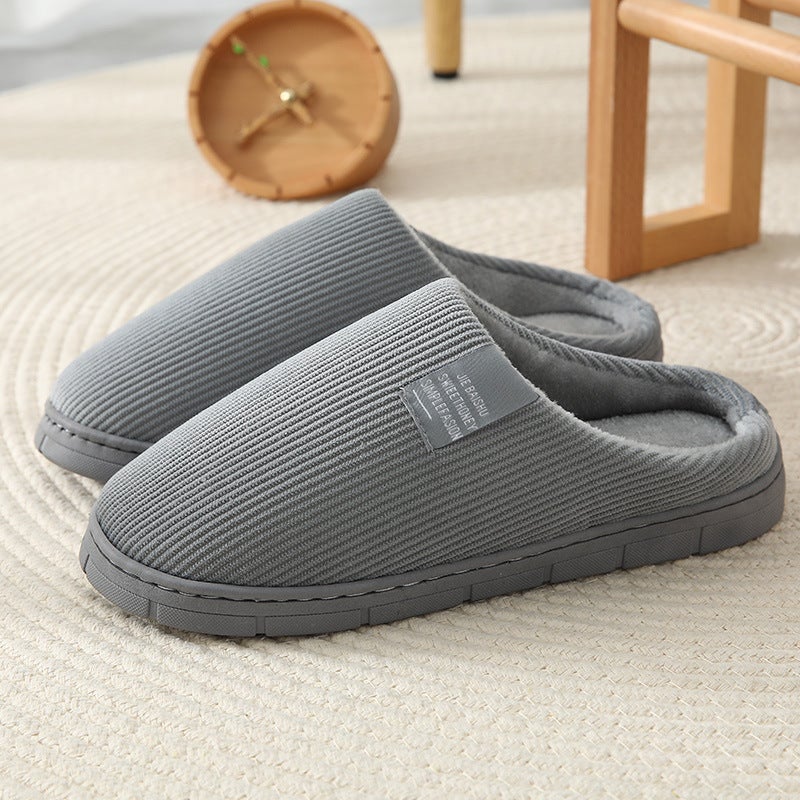 Plush Cotton Slippers Warm Non-slip Indoor Couples Home Blue Gray with cloth label 