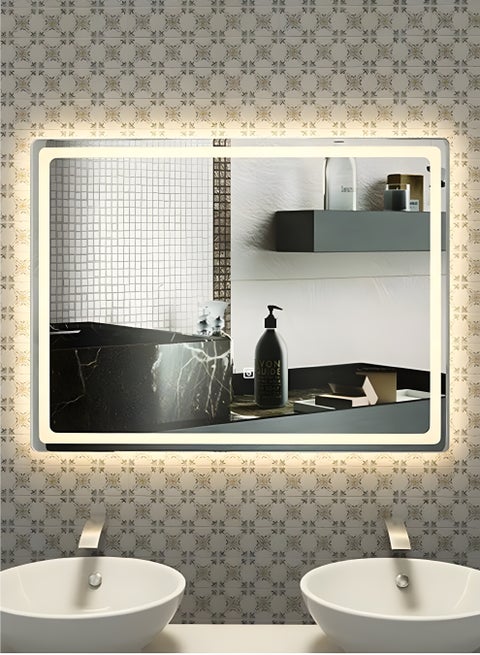 مرآة حائط 60×40 سم - مرآة بتصميم أنيق مع 3 مستويات إضاءة أمامية وخلفية - مرآة مكياج لغرفة الملابس وغرفة المعيشة والكونسول والمدخل