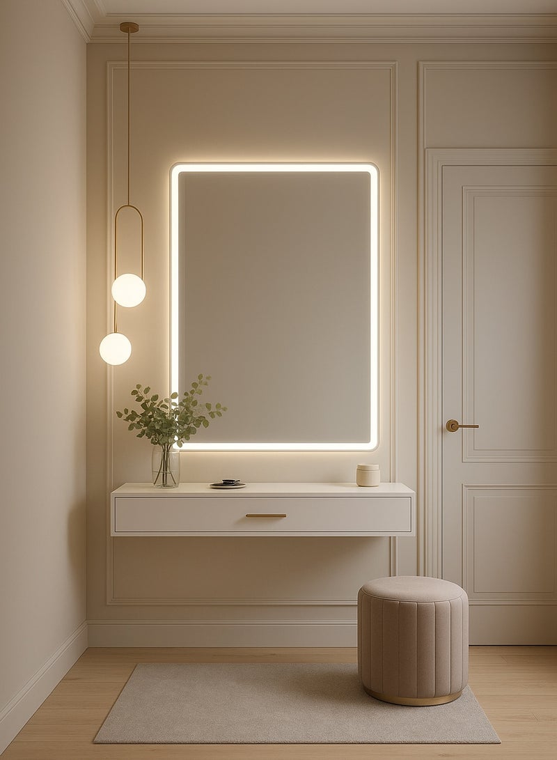 تايمي مرآة حائط 60×40 سم - مرآة بتصميم أنيق مع 3 مستويات إضاءة أمامية وخلفية - مرآة مكياج لغرفة الملابس وغرفة المعيشة والكونسول والمدخل - Image 3